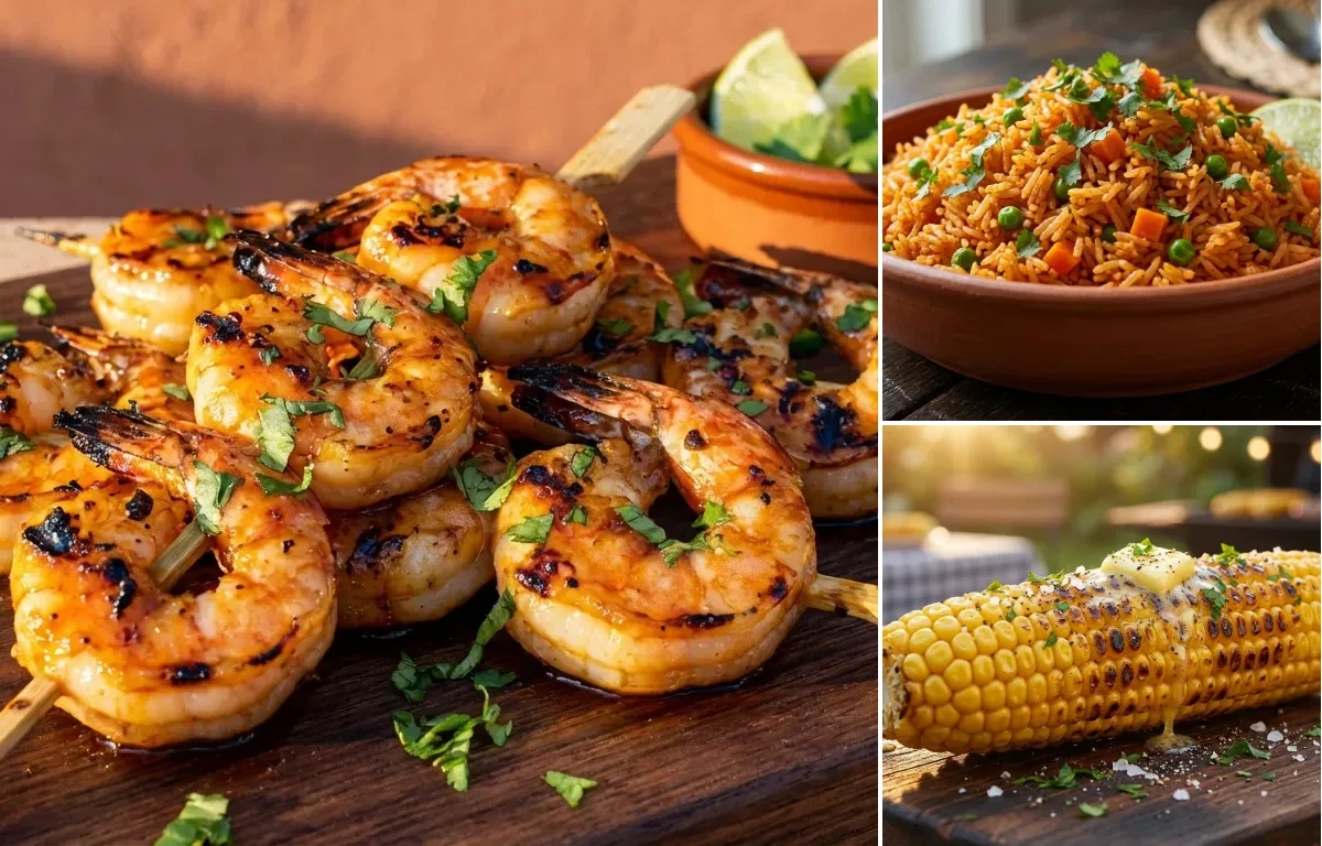 Tequila Lime Shrimp Skewers with Mexican Rice and Grilled Corn on the Cob