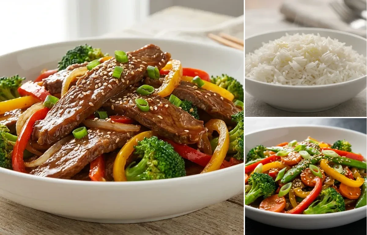 Teriyaki Beef Stir-Fry with Steamed Basmati Rice and Vegetable Stir-Fry