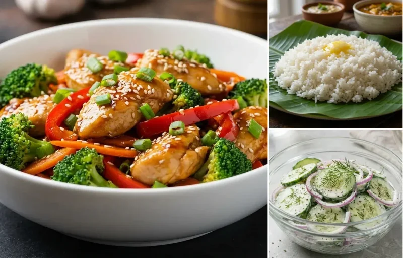 Teriyaki Chicken Stir-fry with Steamed Rice, Miso Soup and Cucumber Salad
