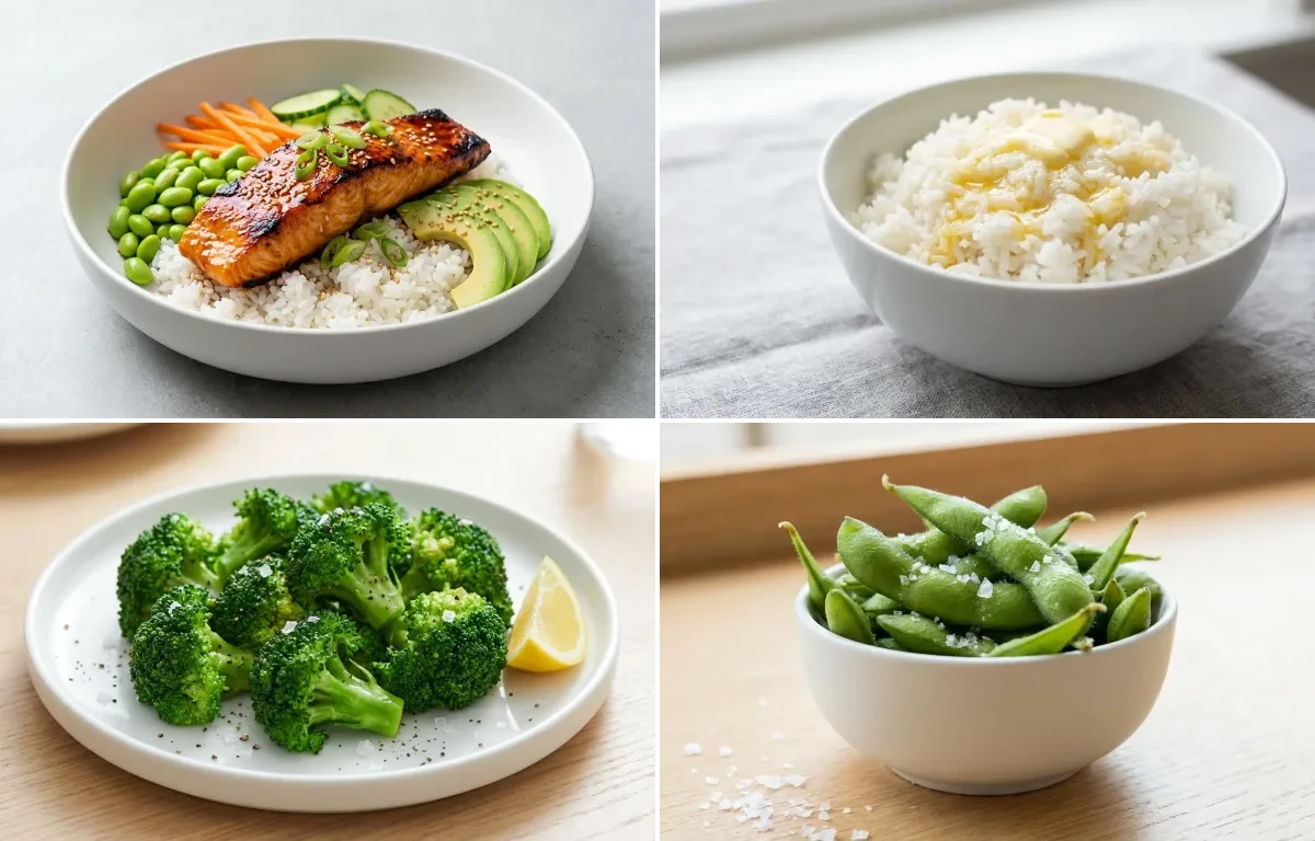 Teriyaki Salmon Bowl with Jasmine Rice, Steamed Broccoli and Steamed Edamame With Sea Salt