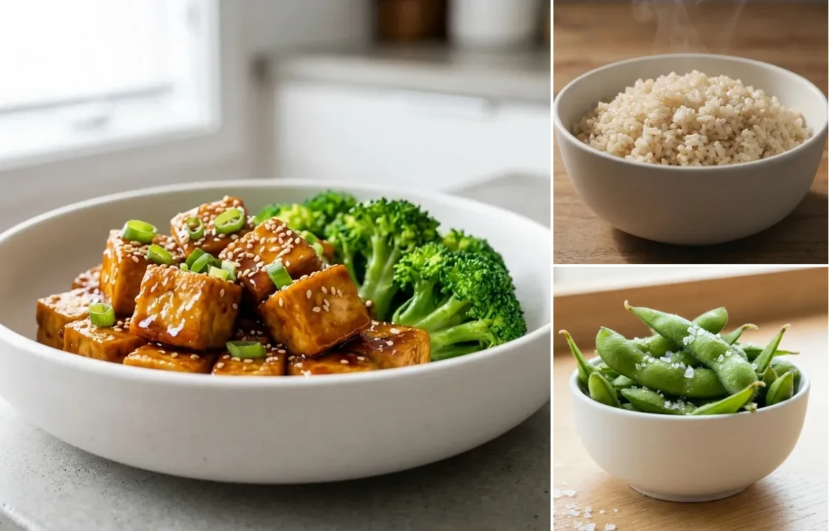 Teriyaki Tofu with Brown Rice and Steamed Edamame With Sea Salt