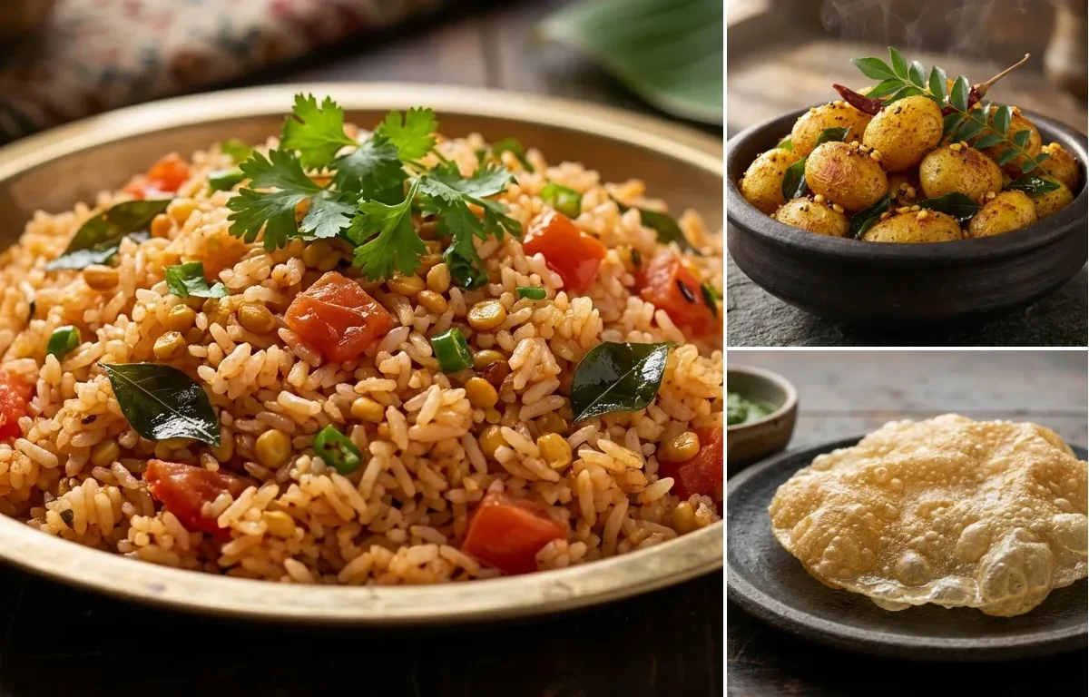 Thakkali Sadam with Urulai Roast and Appalam