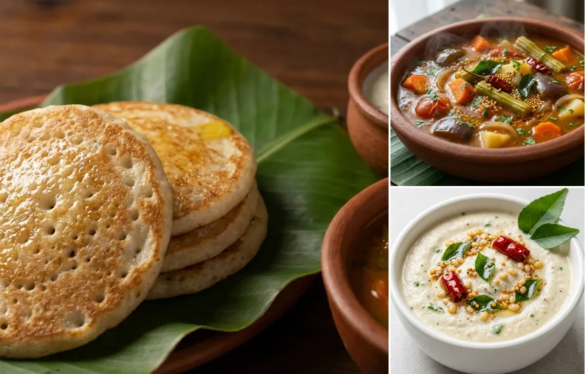 Thattil Kutti Dosa with Vegetable Sambar and Coconut Chutney