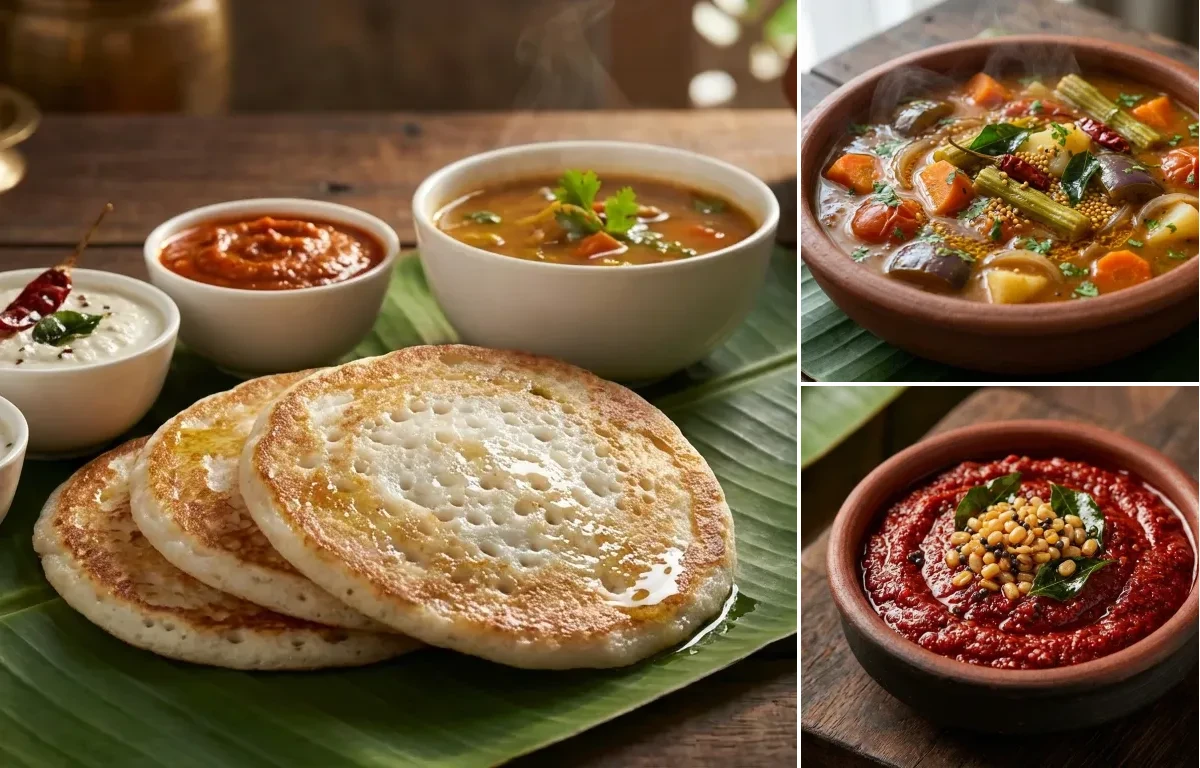 Thattu Dosa with Vegetable Sambar and Red Chili Chutney