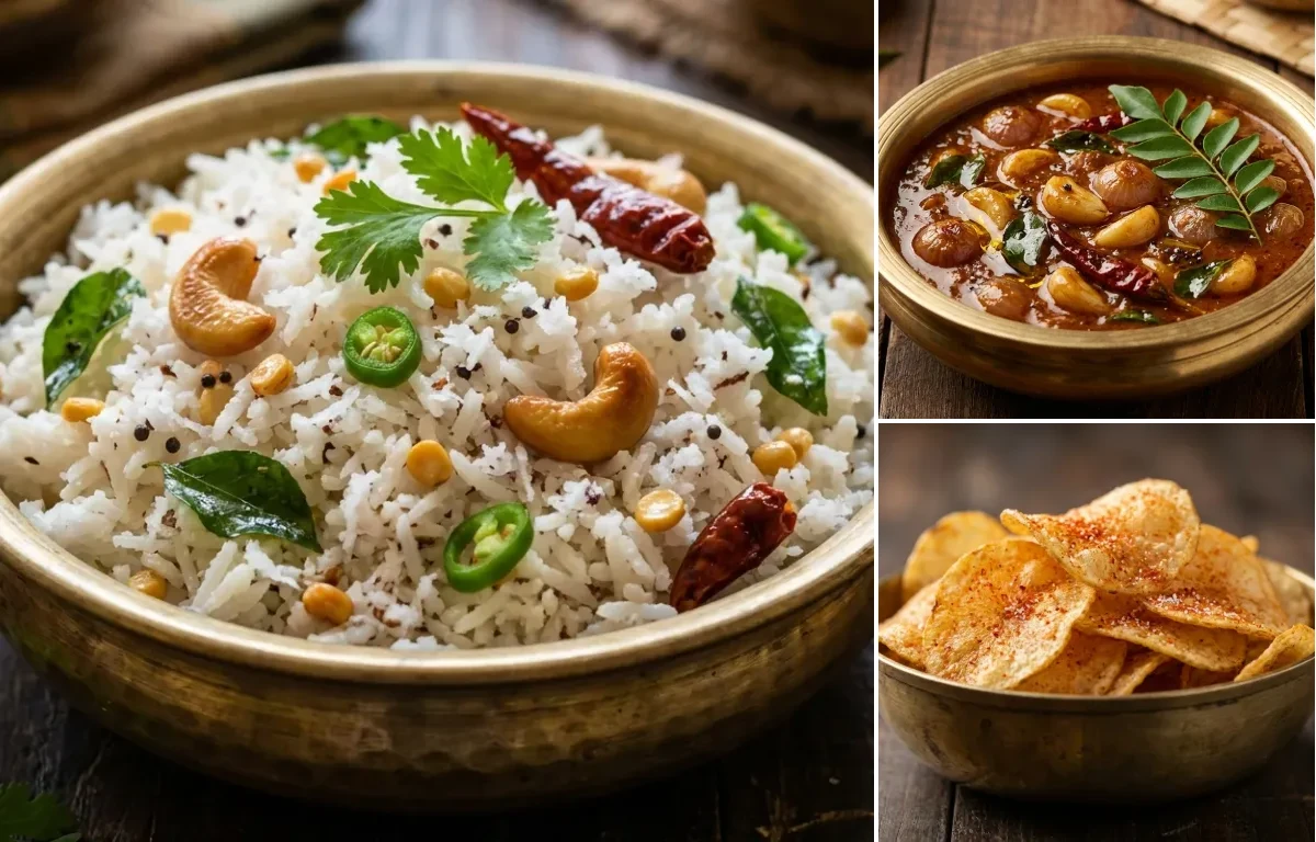 Thengai Sadam with Poondu Kuzhambu and Potato Chips