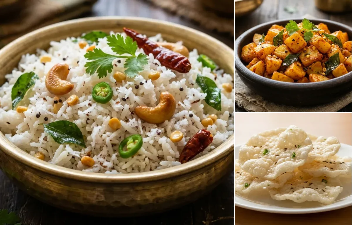 Thengai Sadam with Potato Kara Kari and Arisi Vadam