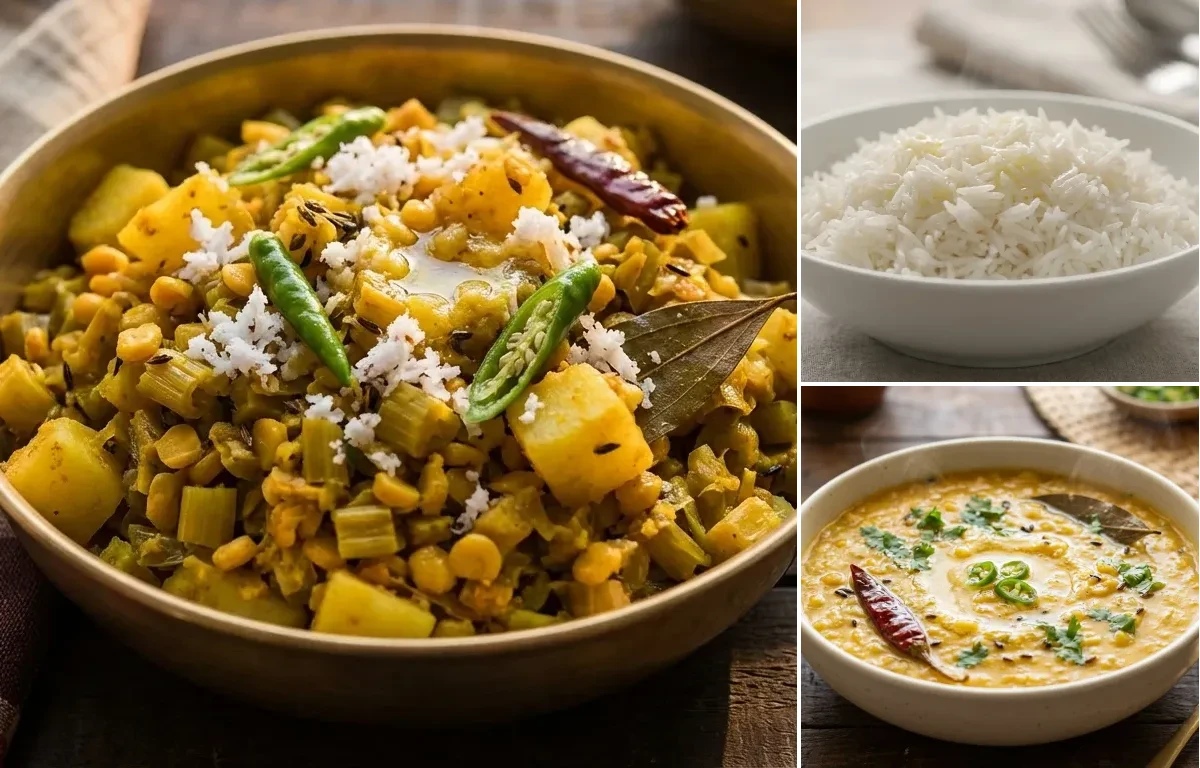 Thorer Ghonto with Steamed Basmati Rice and Motor Dal