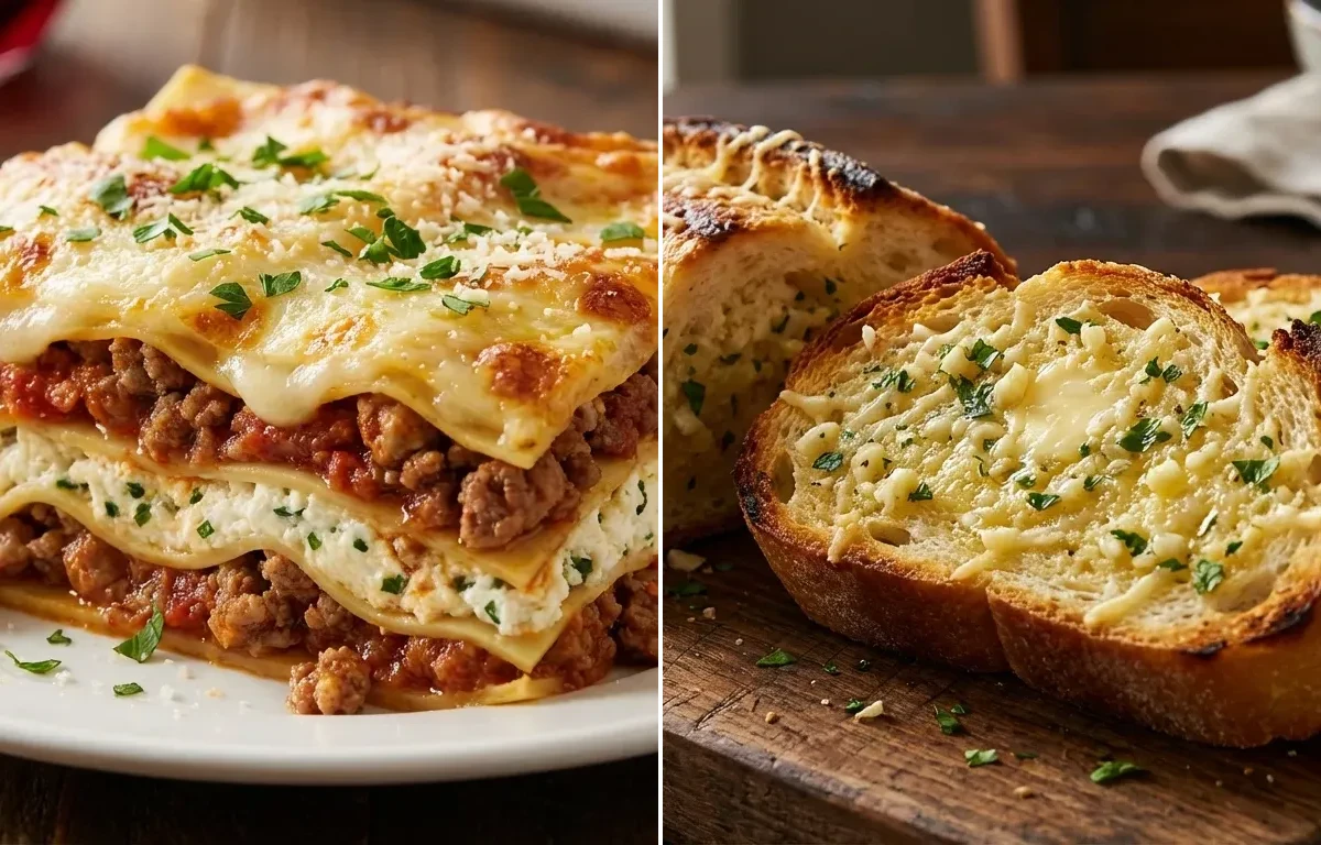 Three-Cheese Lasagna with Garlic Bread