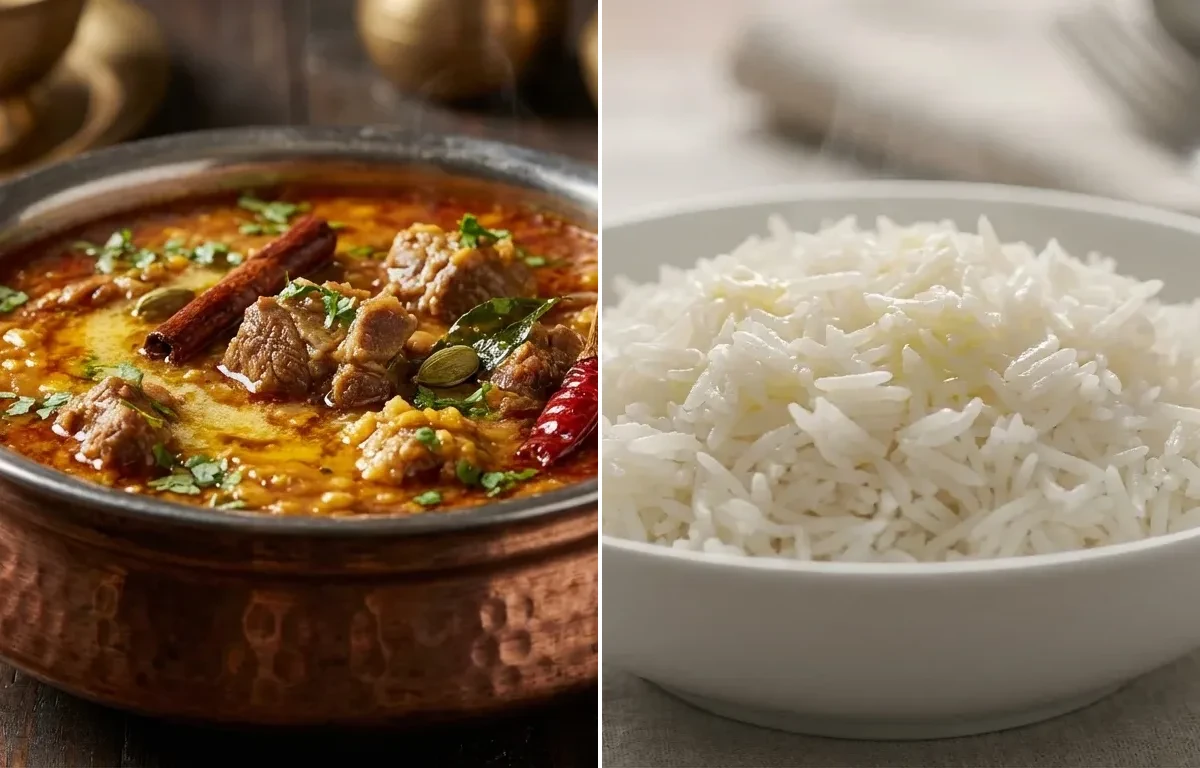 Tidali Dal Gosht with Steamed Basmati Rice