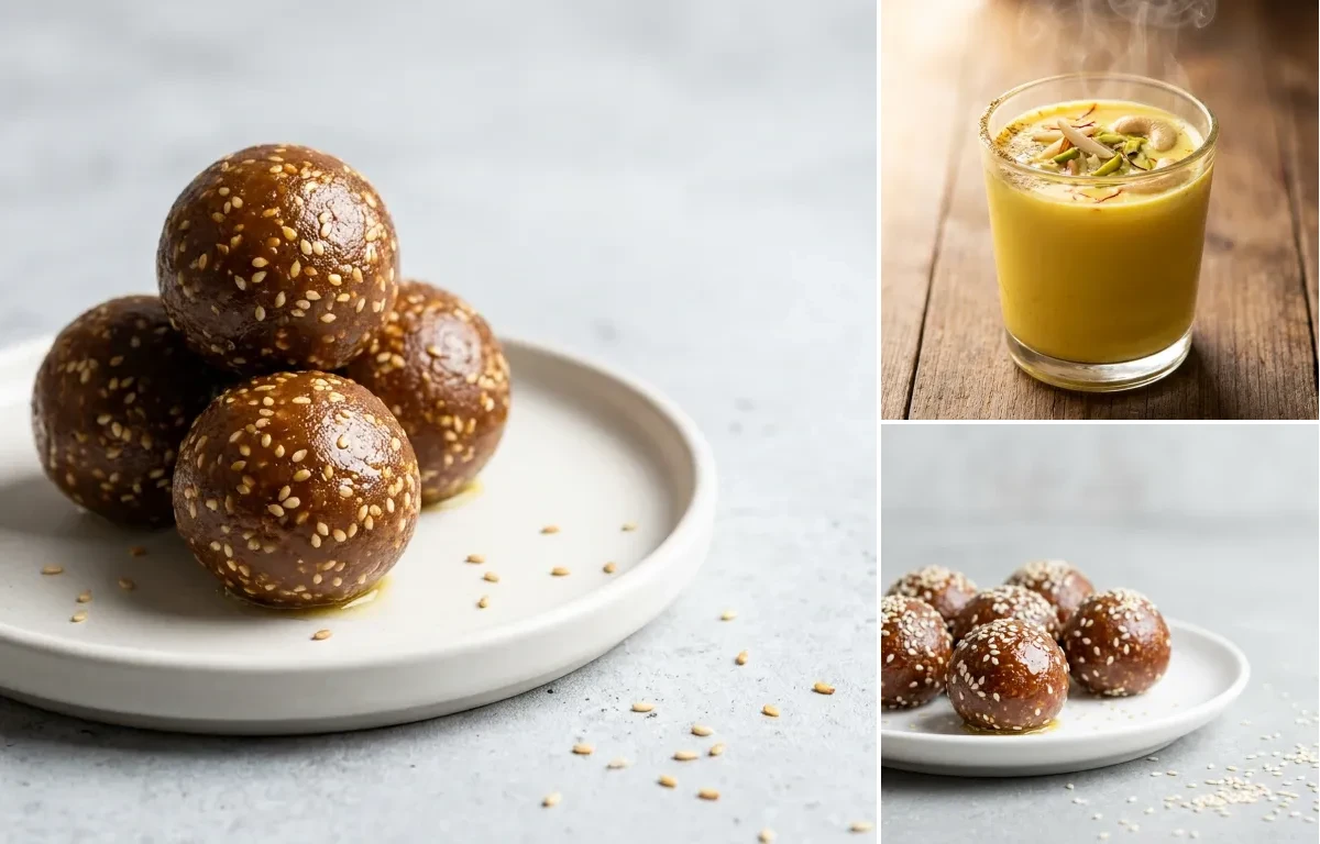 Til Gud Ladoo with Masala Doodh with Banana + iron