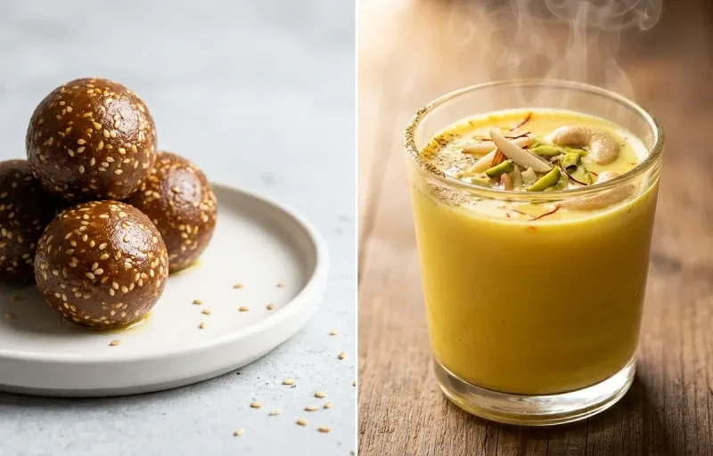 Til Gud Ladoo with Masala Doodh with Banana + iron