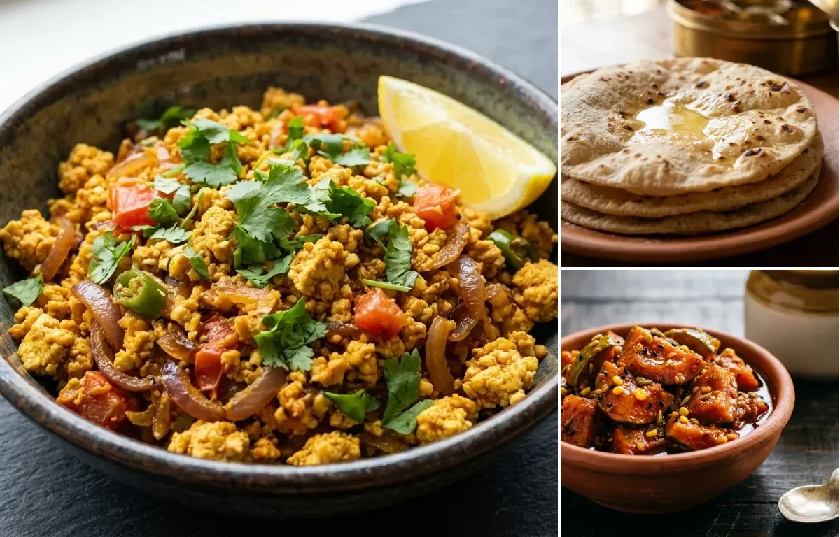 Tofu Bhurji with Roti and Mango Pickle