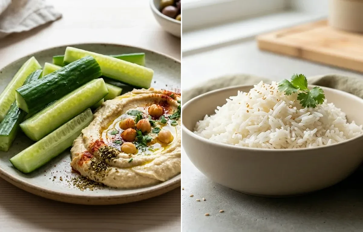 Tofu Cubes Light Saute with Cucumber Sticks Hummus, Cooked White Rice Half Cup and Veggie Wrap With Hummus