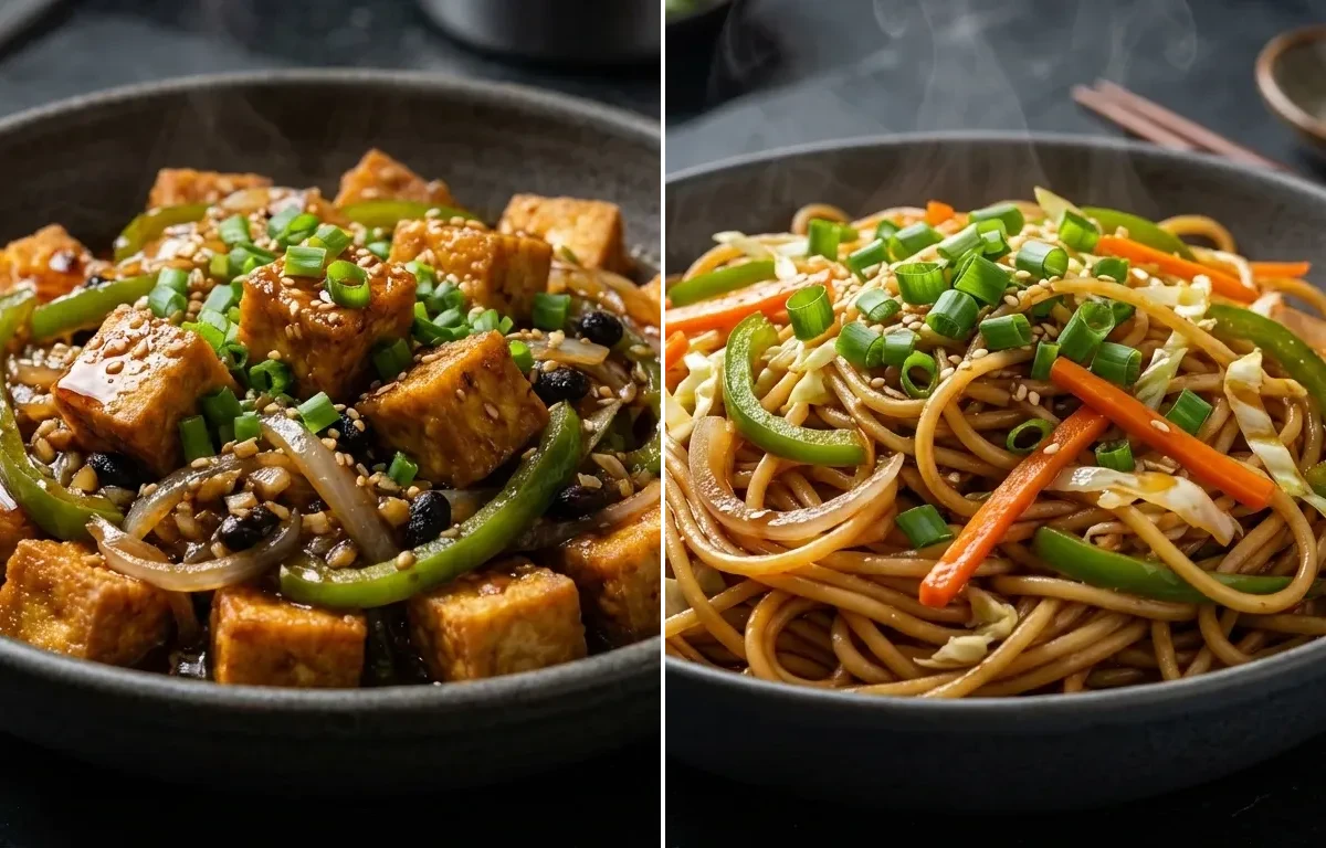 Tofu in Black Bean Sauce with Vegetable Hakka Noodles