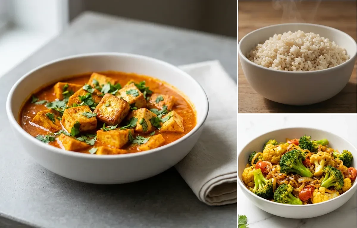 Tofu Masala Curry with Steamed White Rice with Broccoli Cauliflower Sabzi