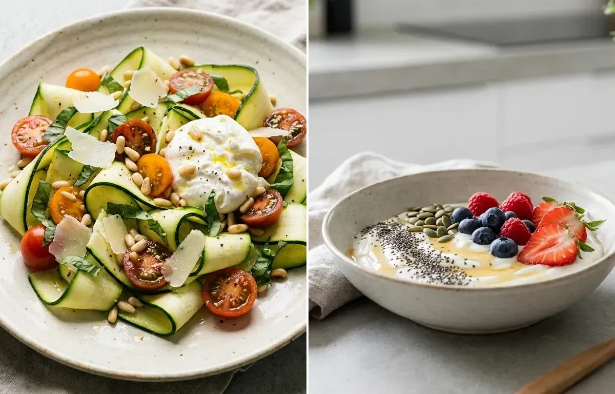 Tofu Power Plate with Zucchini Ribbon Salad and Yogurt With Seeds & Berries