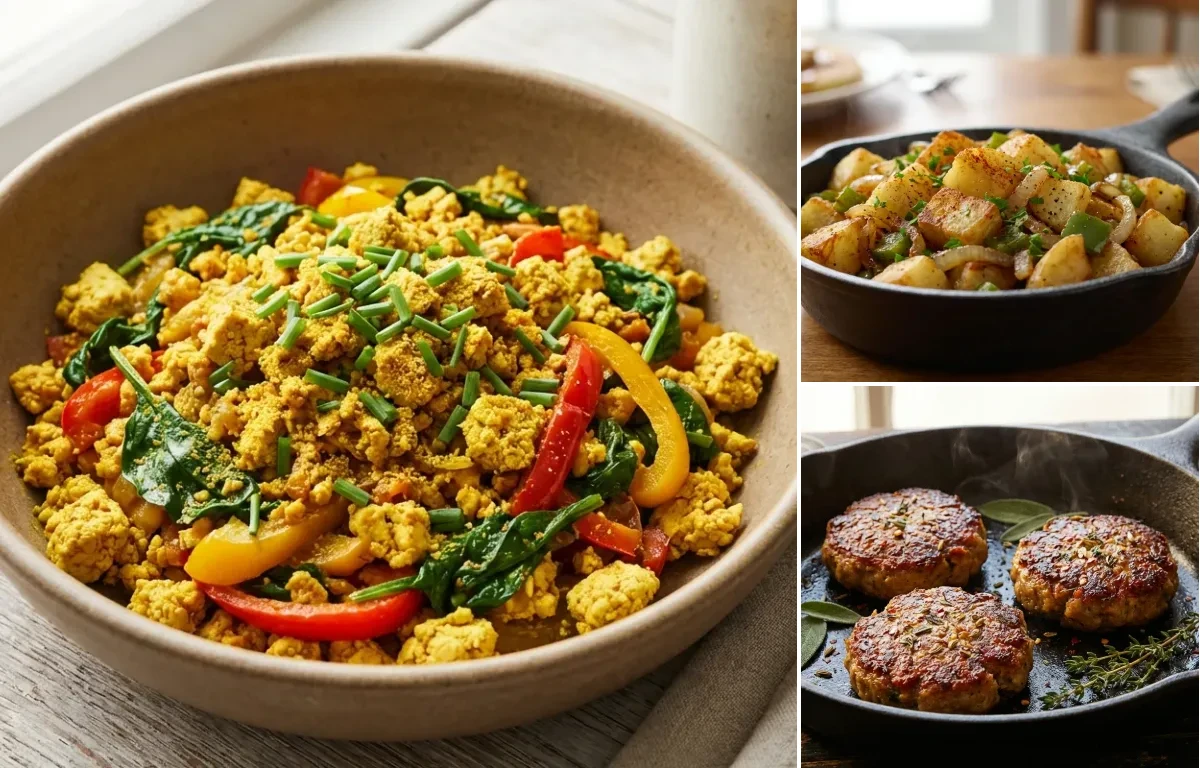 Tofu Scramble with Home Fries and Sausage Patties