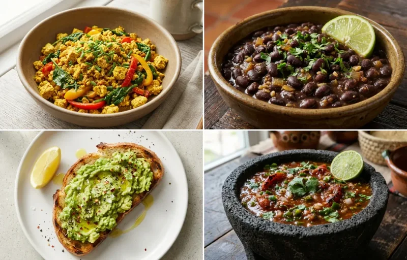 Tofu Scramble with Savory Black Beans, Avocado Toast and Restaurant-Style Salsa