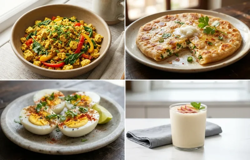 Tofu Scramble with Paneer Paratha with Boiled Eggs with Whey Shake (