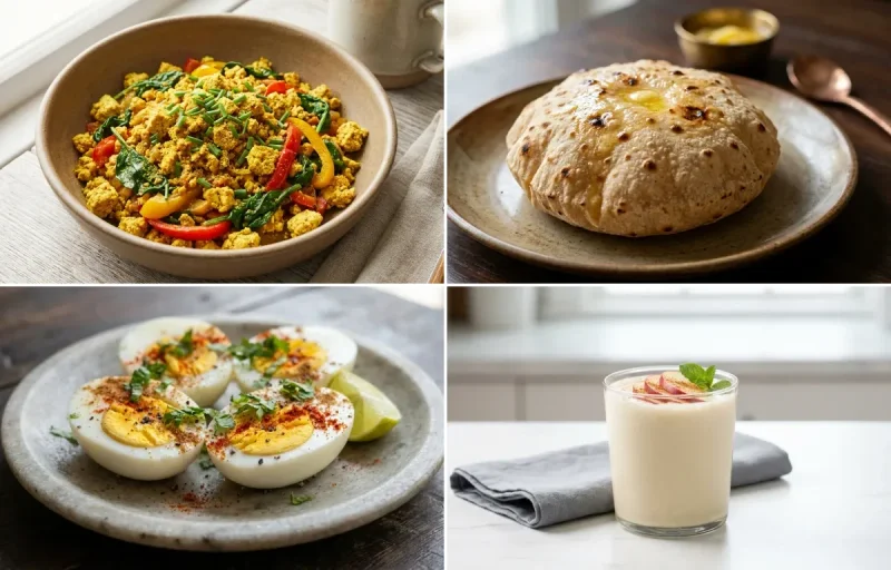 Tofu Scramble with Phulka with Boiled Eggs with Whey Shake