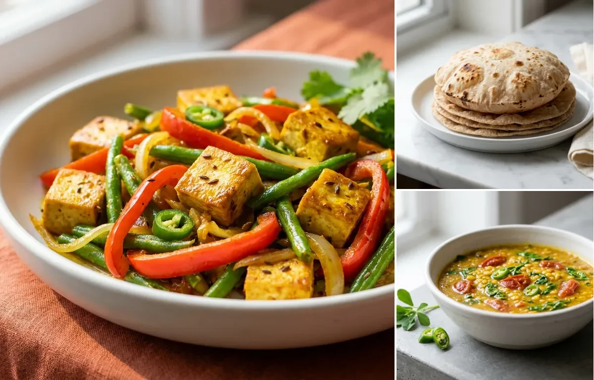 Tofu Stir-fry with Vegetables with Whole-Wheat Phulka with Methi Dal