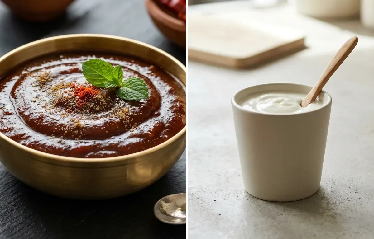 Tofu Stuffed Chilla with Tamarind Date Chutney and Plain Yogurt Cup
