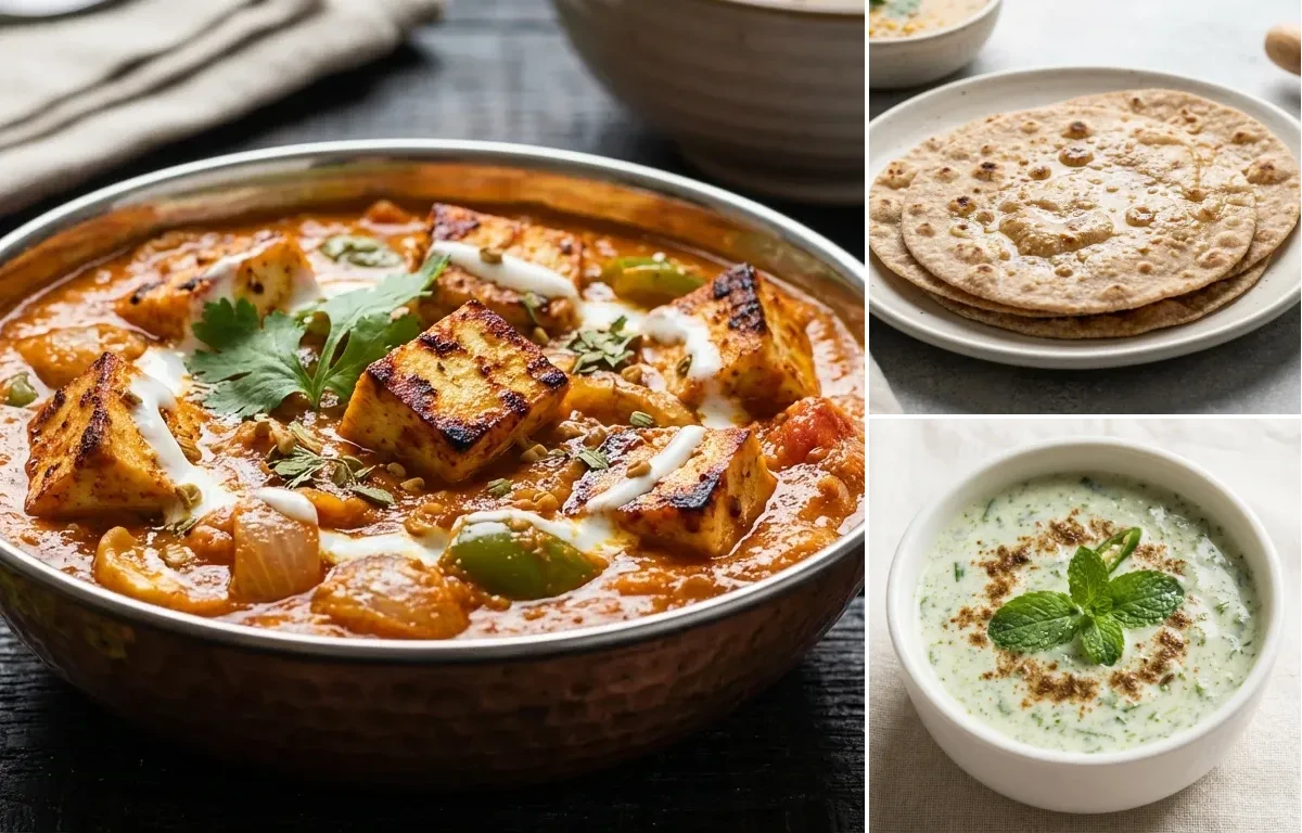Tofu Tikka Masala with Vegan Masoor Dal, No-Salt Whole Wheat Roti and Mint Raita