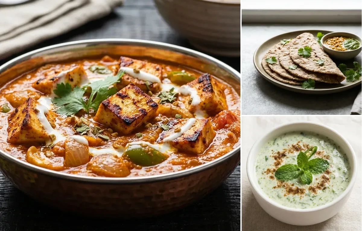 Tofu Tikka Masala with Vegan Masoor Dal, Vegan Jowar Roti and Mint Raita