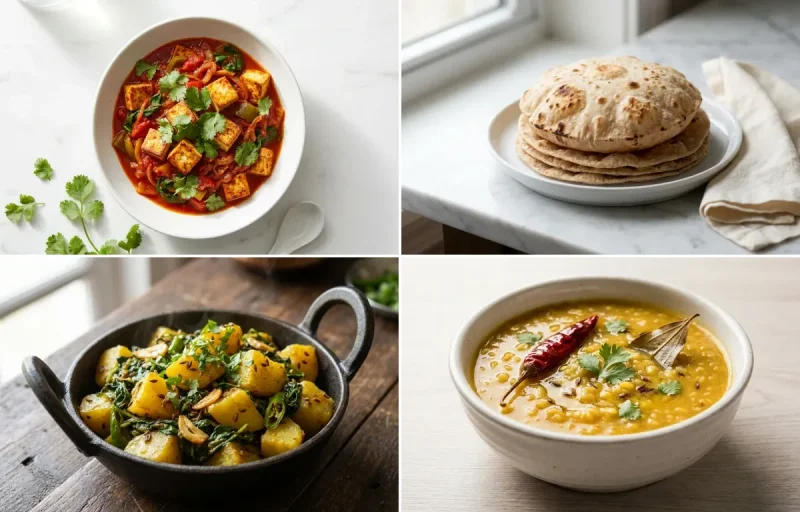 Tofu Vegetable Curry with Steamed White Rice with Whole-Wheat Phulka with Aloo Methi Sabzi with Moong Dal