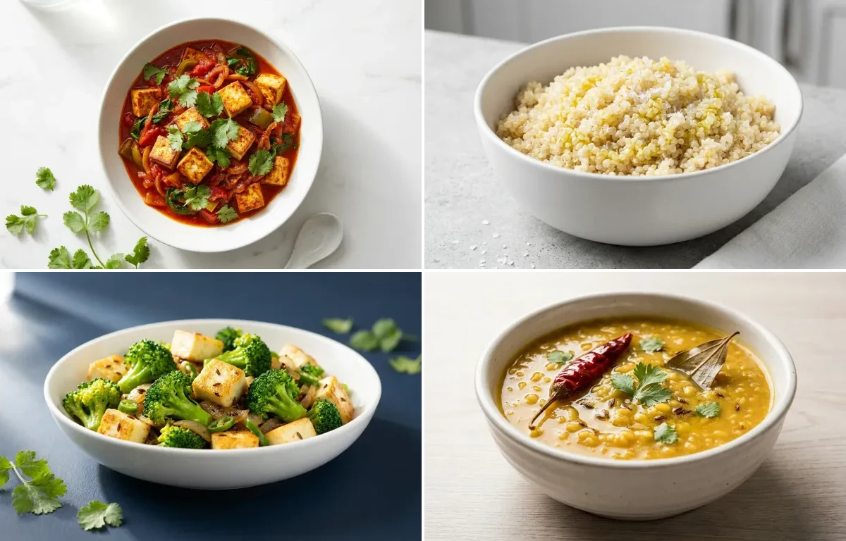 Tofu Vegetable Curry with Quinoa with Broccoli Stir-fry with Moong Dal