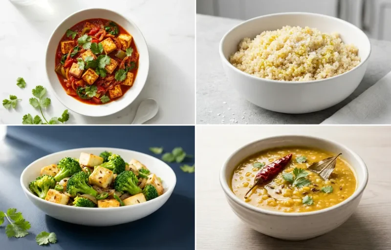 Tofu Vegetable Curry with Quinoa with Broccoli Stir-fry with Moong Dal