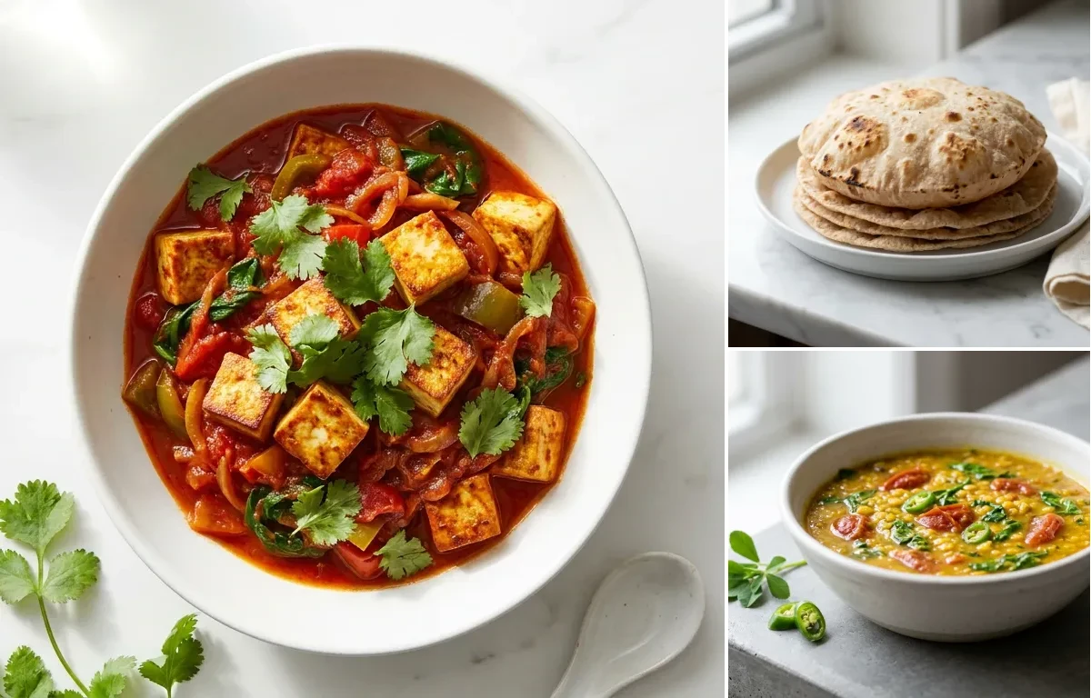 Tofu Vegetable Curry with Whole-Wheat Phulka with Methi Dal