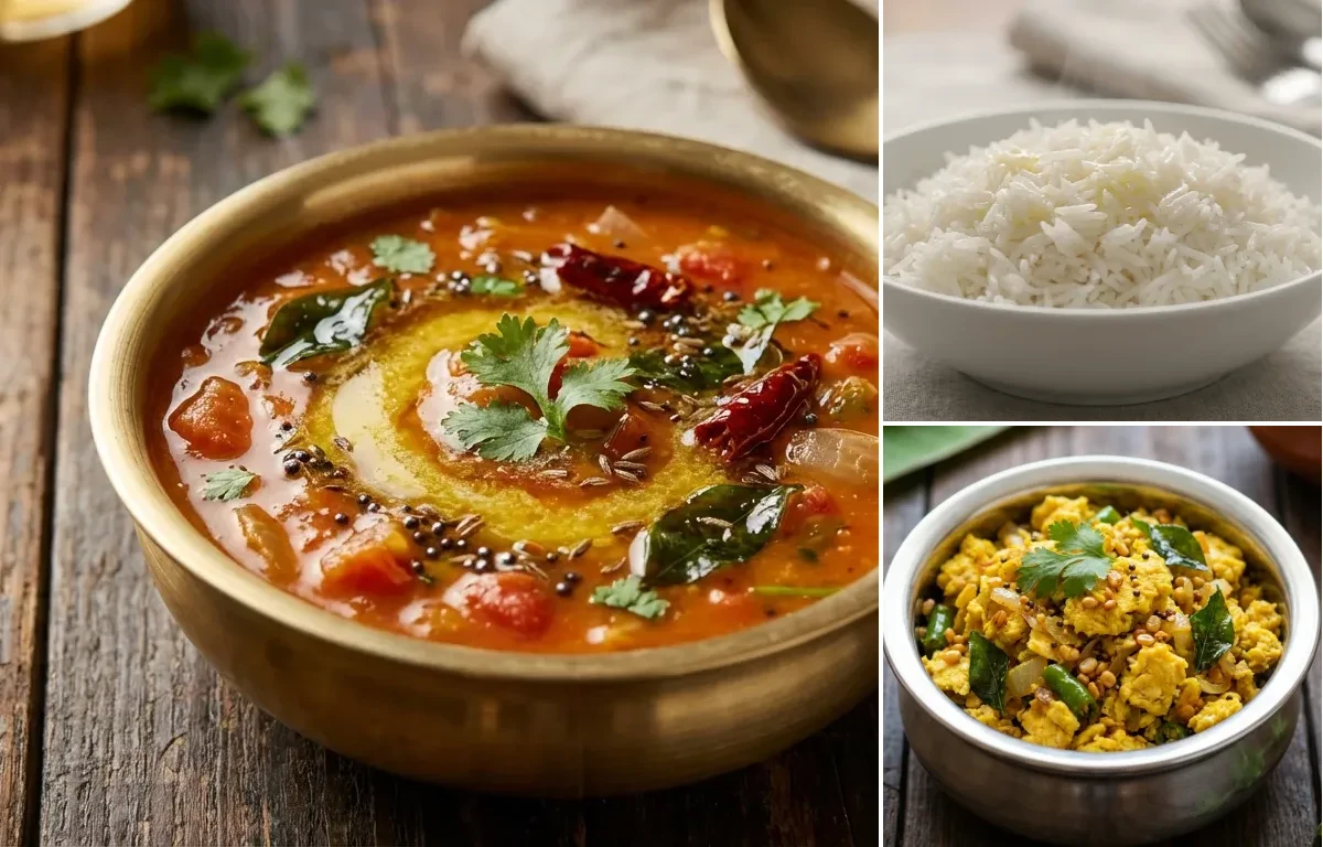 Tomato Dal with Steamed Basmati Rice and Egg Podimas