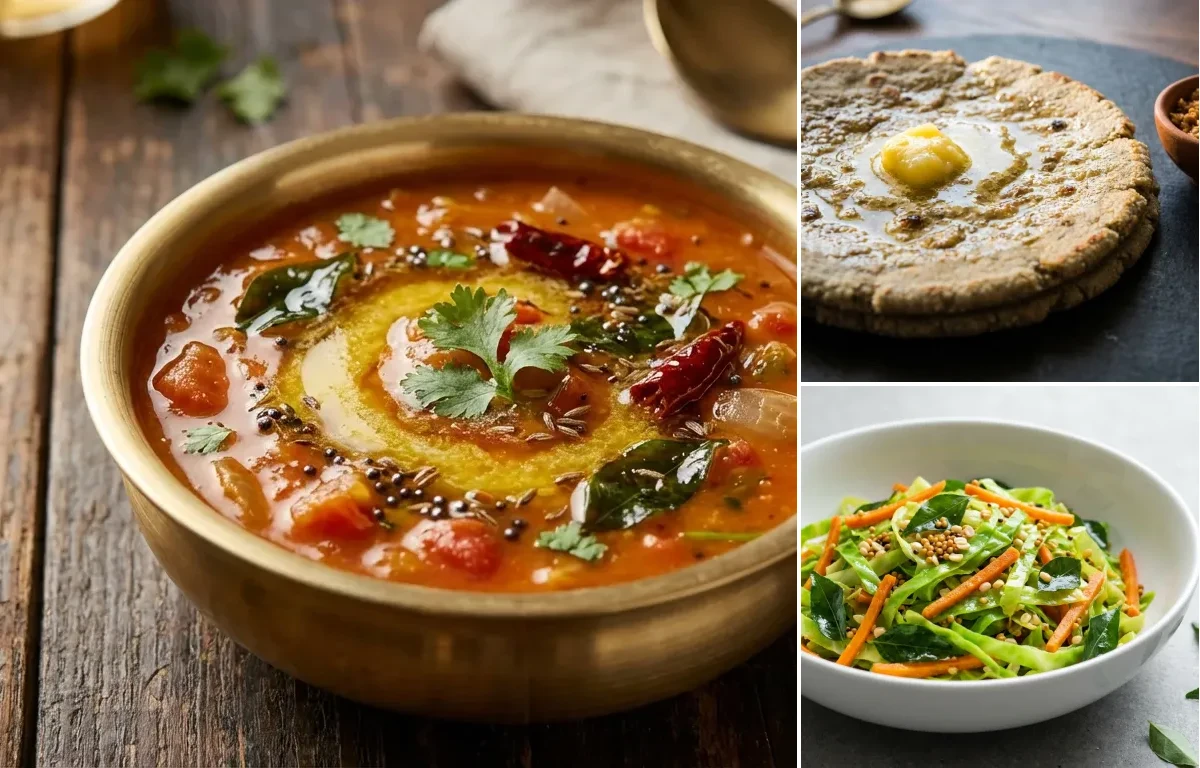 Tomato Dal with Bajra Bhakri with Cabbage Carrot Sabzi