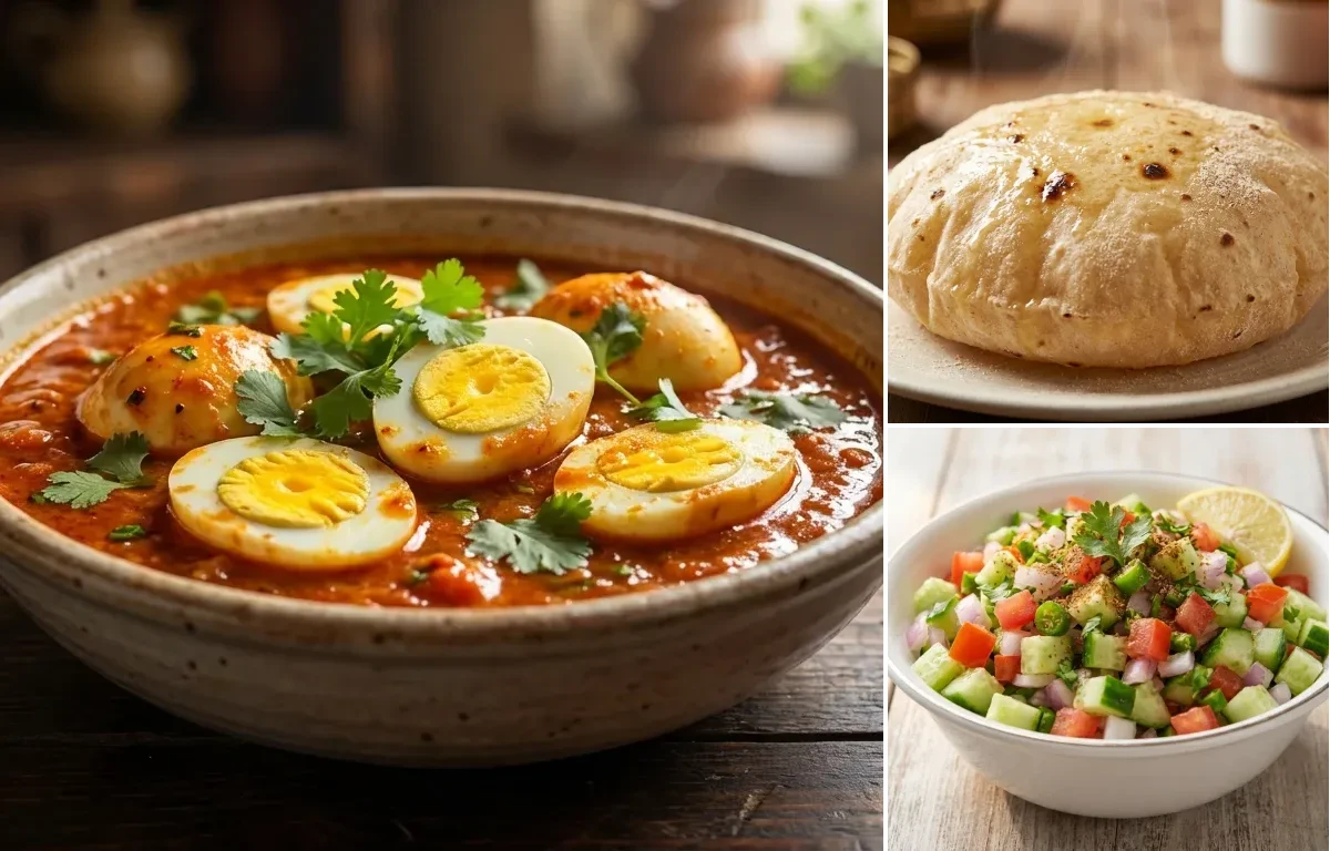 Tomato Egg Curry with Phulka and Kachumber