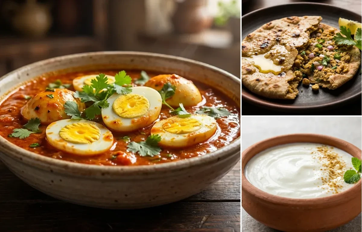 Tomato Egg Curry with Sattu Roti and Dahi