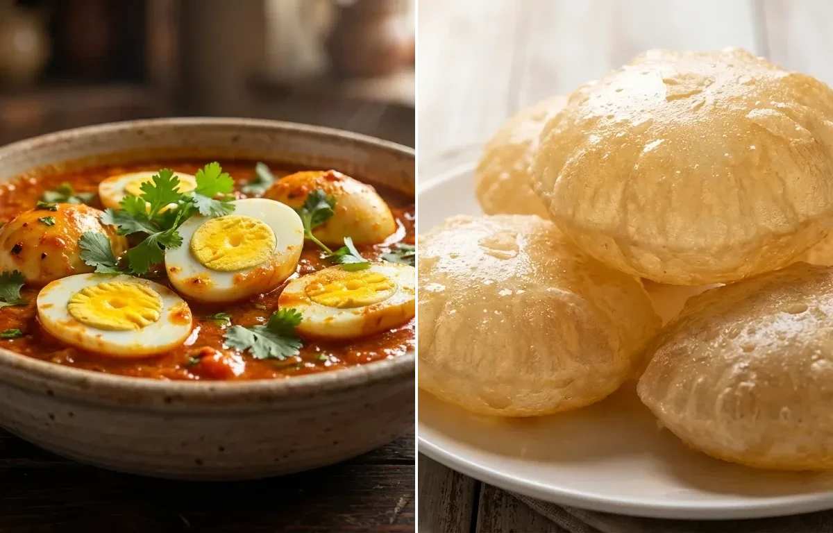 Tomato Egg Curry with Phulko Luchi