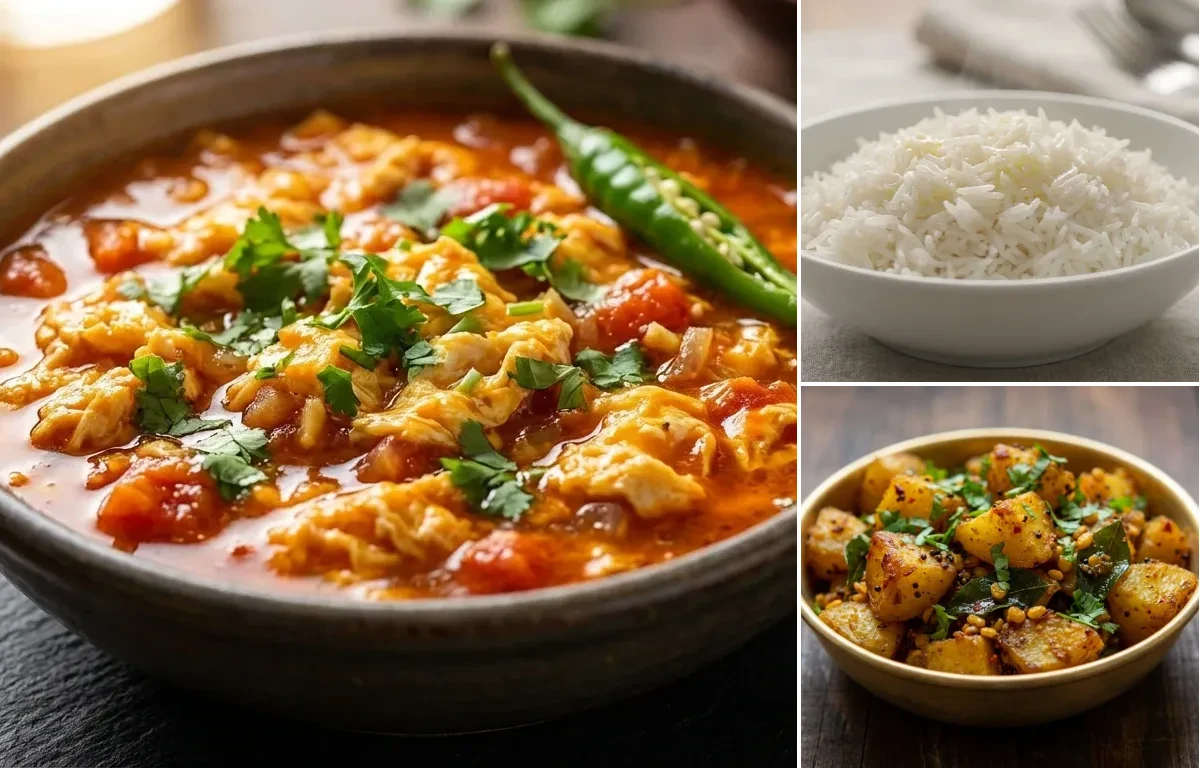 Tomato Egg Drop Curry with Steamed Basmati Rice and Potato Fry