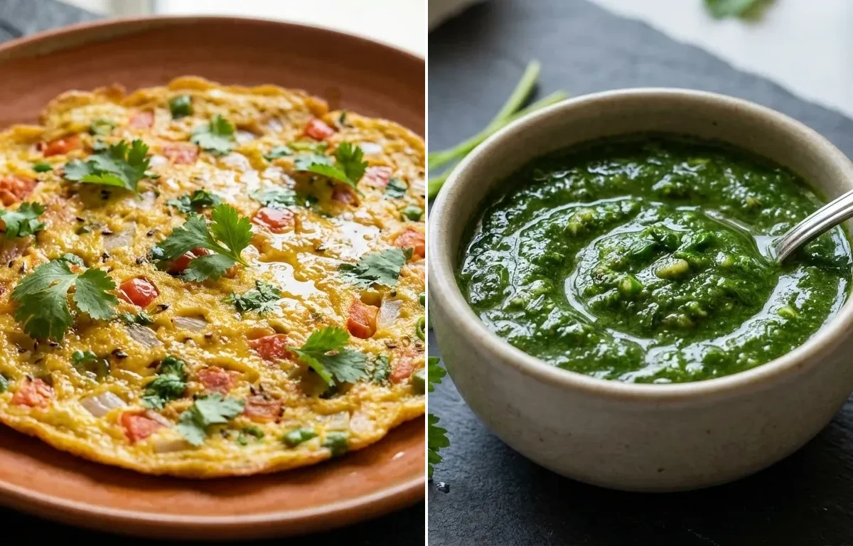 Tomato Omelette with Coriander Mint Chutney