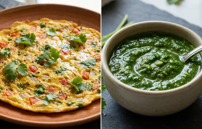 Tomato Omelette with Coriander Mint Chutney