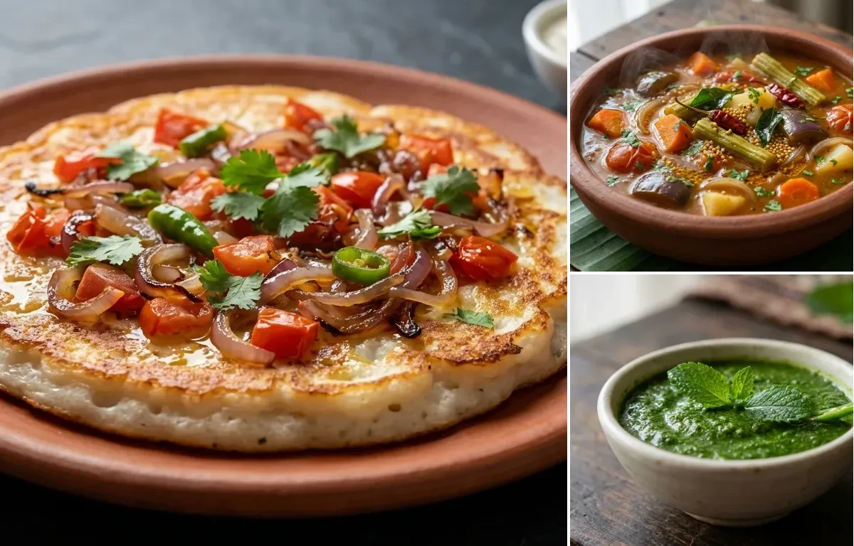 Tomato Onion Uthappam with Vegetable Sambar and Mint Chutney