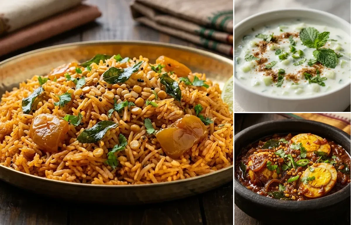 Tomato Rice with Cucumber Raita and Muttai Thokku