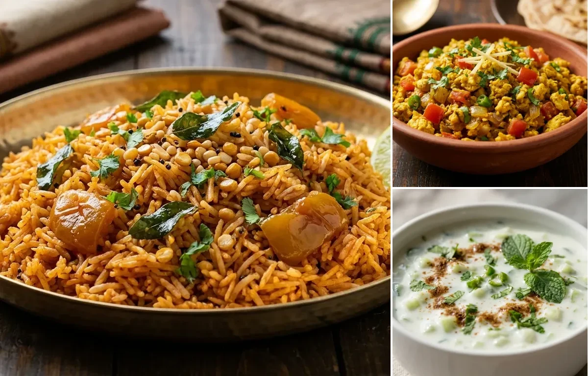 Tomato Rice with Egg Bhurji and Cucumber Raita