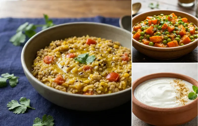 Toor Dal Khichdi with Gajar Matar Sabzi with Dahi