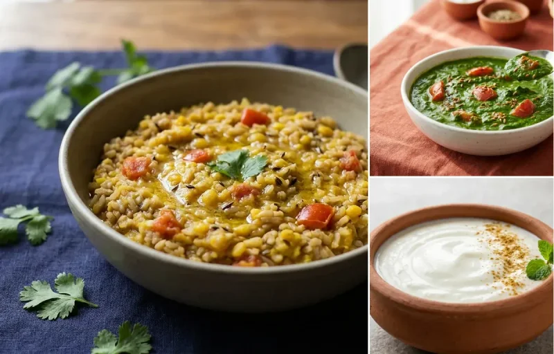 Toor Dal Khichdi with Palak Sabzi with Dahi