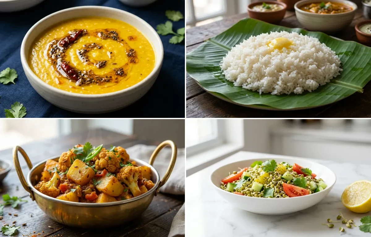 Toor Dal Tadka with Steamed White Rice with Aloo Gobi with Salad with Dahi
