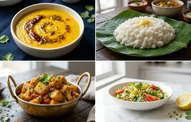 Toor Dal Tadka with Steamed White Rice with Aloo Gobi with Salad with Dahi
