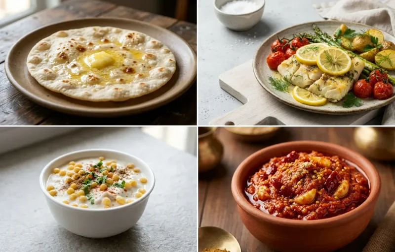 Toor Dal Tadka with Jowar Roti, Baked Cod With Lemon, Boondi Raita and Garlic Chutney