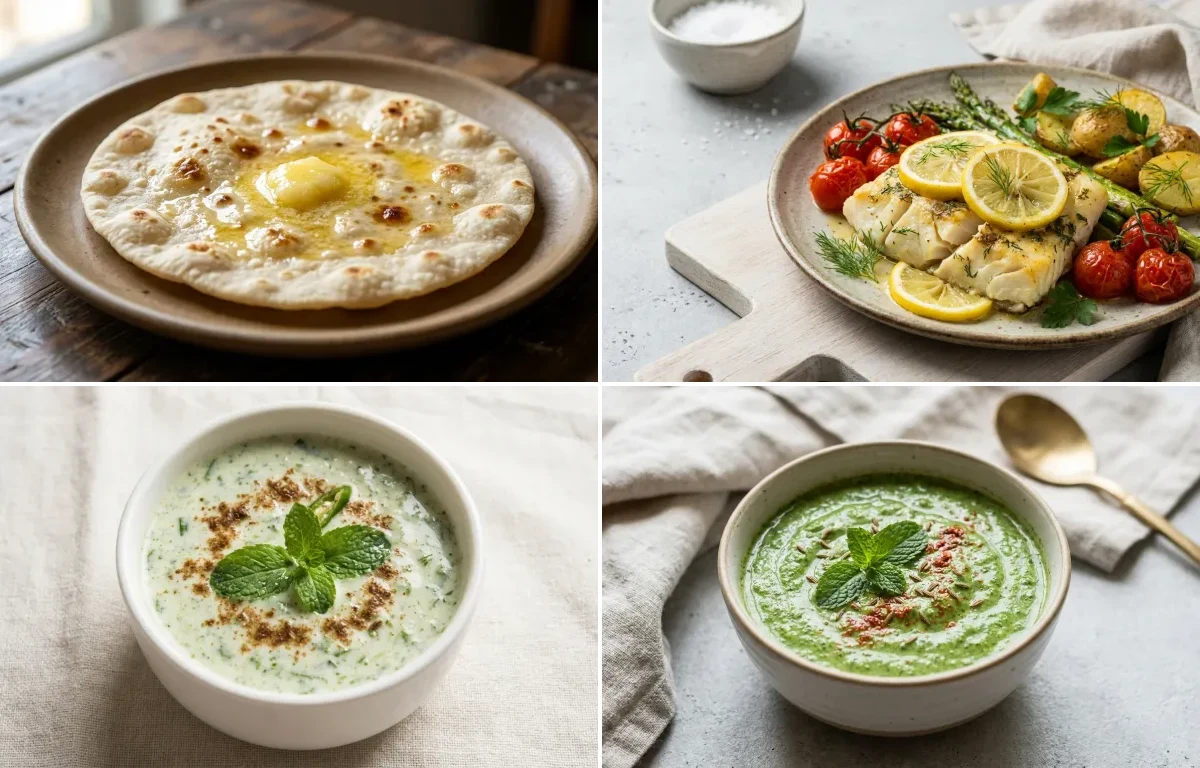 Toor Dal Tadka with Jowar Roti, Baked Cod With Lemon, Mint Raita and Mint Yogurt Chutney