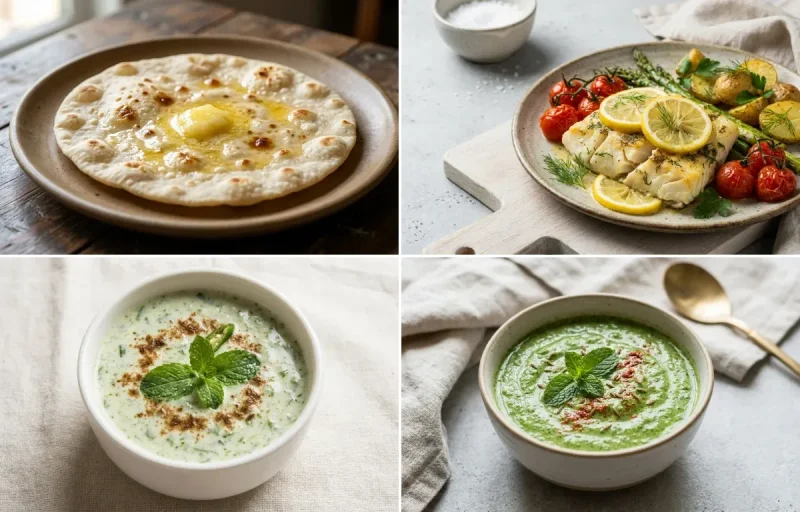 Toor Dal Tadka with Jowar Roti, Baked Cod With Lemon, Mint Raita and Mint Yogurt Chutney
